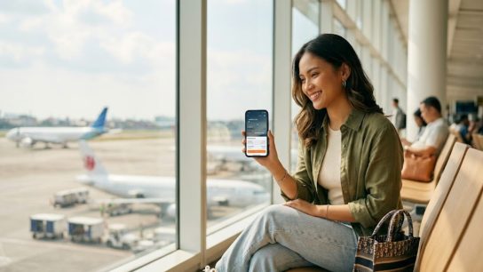 wisatawan Indonesia melihat rute penerbangan Jakarta Surabaya di aplikasi Bookingtogo